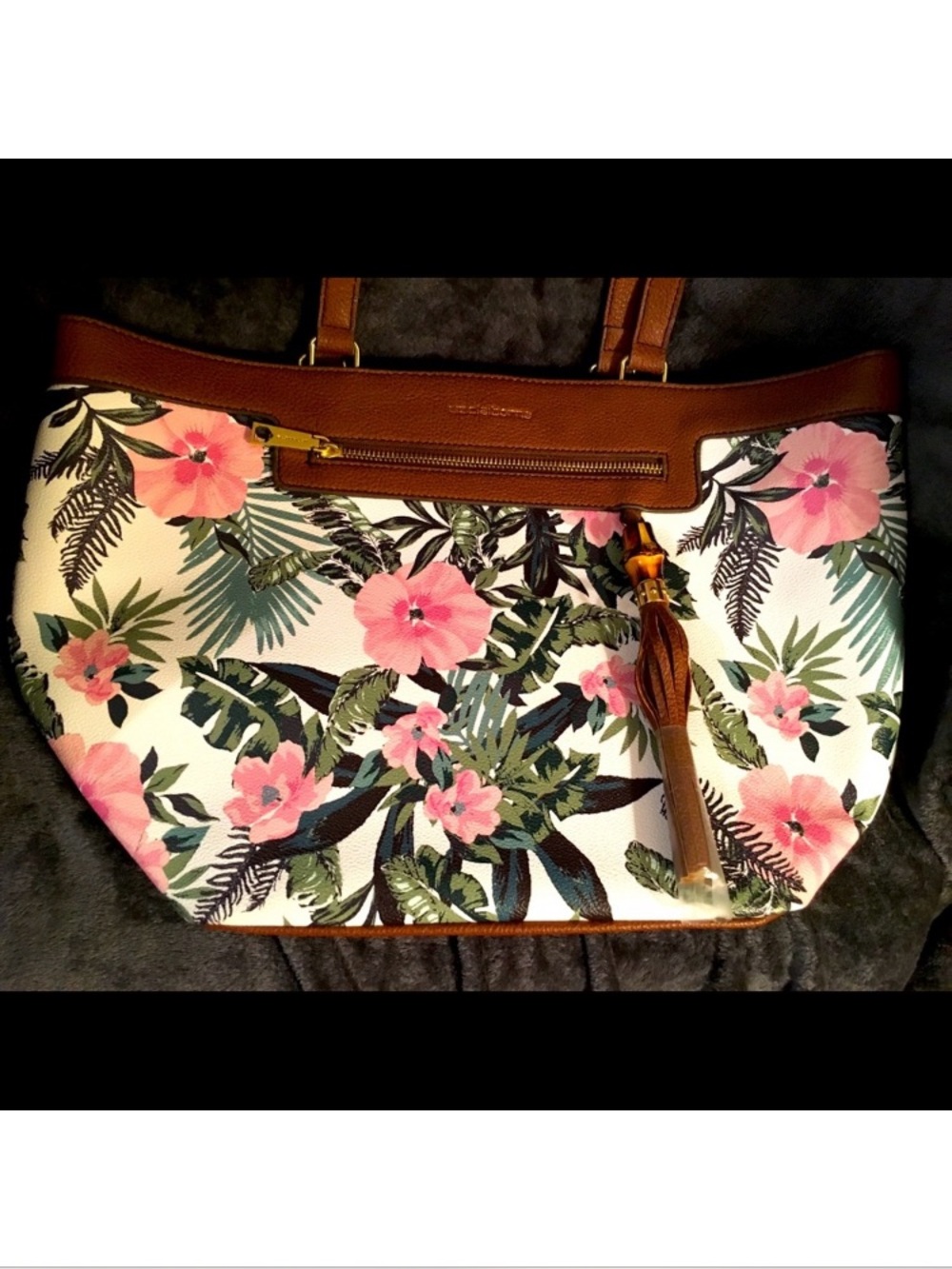 New Liz Claiborne Pink Floral Shoulder Big Purse with Brown Trim